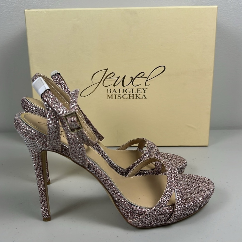 Jewel Badgley Mischka Pink Crystal Embellished Ankle-Strap Heels - Picture 9 of 16